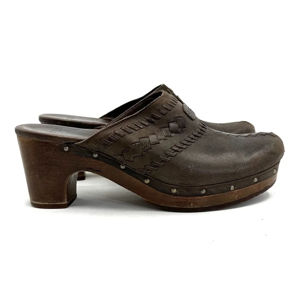 Ugg | Vivica Brown Woven Leather Wooden Clog Size US 8 - Picture 2 of 13